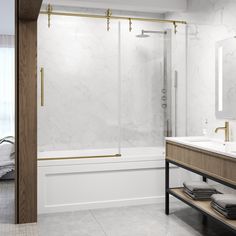 a bathroom with marble walls and flooring next to a white bathtub, sink and mirror