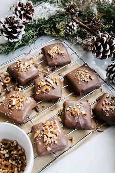 chocolate covered cookies on a cooling rack next to pine cones and evergreen branches with nuts