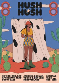 an advertisement for hush featuring a man in a cowboy hat and boots standing next to a cow