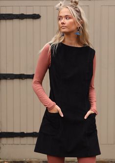 Polly Pocket Cord Tunic Dress shapely bodice a-line skirt high round neck sleeveless front pockets above knee length 100% cotton corduroy black | Karma East Australia Black Tunic Dress, Cord Dress, Pocket Tunic, Black Tunic, Polly Pocket, Maxi Dress Cotton, Mid Length Skirts, Sleeveless Tunic