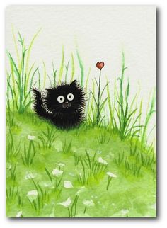 a painting of a black cat in the grass with a red heart on its nose