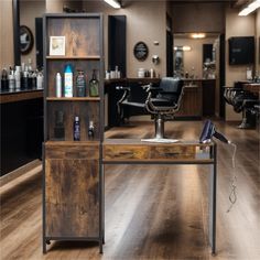 a barber shop with wooden floors and lots of hair care products on the counter top