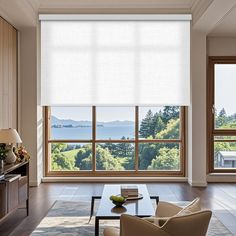 a living room filled with furniture and large windows covered in blinds that look out onto the water