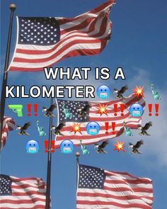 several american flags flying in the sky with text that reads, what is a kilometer?