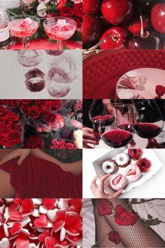 a collage of red and white images with hearts, roses, wine glasses, champagne