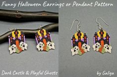 three different pictures of some kind of bird beaded earrings on a branch and another photo of the same item