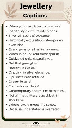 an info sheet with the words jewelry captions