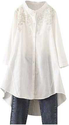 Minibee Women's Cotton Linen Shirt High Low Button Down Embroidered Blouse Long Sleeve Tunic Tops With Pocket Beige M at Amazon Women’s Clothing store Linen Tunics For Women, White Linen Shirt, Embroidered Tunic Top, Shirt Casual Style, Blouse Long Sleeve, Linen Tunic, Linen Top, Long Sleeve Tunic, Unique Outfits