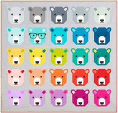 a quilt with different colored bears and glasses on it's face, all in various colors