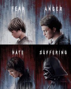 the posters for star wars are shown in four different styles and colors, including one with a helmet