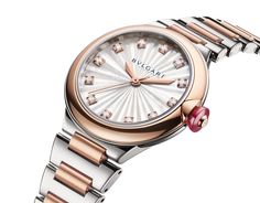 Lvcea Watch In 18 Kt Rose Gold And Polished, Satin-brushed Stainless Steel With Automatic Movement, White Mother-of-pearl Intarsio Dial And 12 Diamond Indexes. Water-resistant Up To 50 Metres Bvlgari Rose, Rose Gold Watches, Italian Jewelry, Rose Gold Diamonds, Brushed Stainless Steel, High Jewelry, Automatic Watch, Small Leather Goods, Gold Style