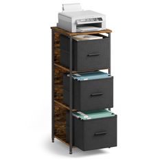 an office tower with three drawers and a printer on the top one drawer is open