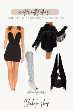 Western Winter Outfits Women Party Western Winter Outfits Women, Fringe Dress Outfit, Western Winter Outfits, Party Outfit Black, Western Winter, Black Fringe Dress, Winter Outfit Ideas, Rodeo Outfits, Country Concert