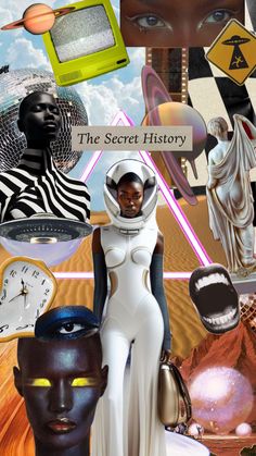 a collage of various images with the words the secret history on it and an image of a woman in white