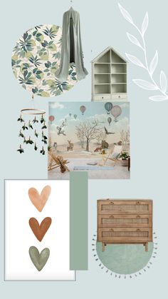 a collage with various items including a bench, wallpaper and other things in it