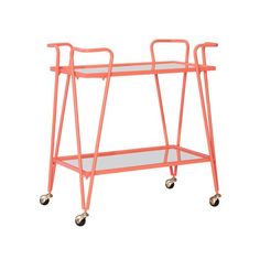 an orange metal serving cart with wheels and two glass shelves on each side, against a white background