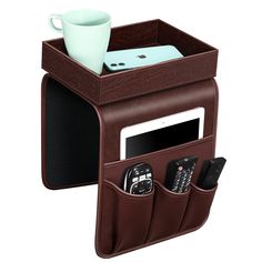 a cell phone holder with two pockets for phones and a cup on the other side