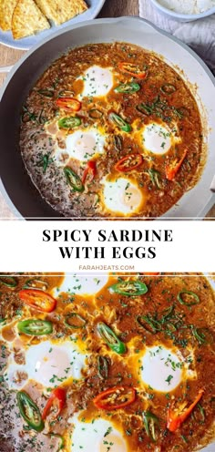 The top photo is spicy sardine with eggs in tomato sauce topped with cut chilis, served in a grey pot. Next to the pot is a plate of sliced flat bread, and a bowl of white rice. The bottom photo is a close up of the sardine dish. Make Ahead Fish Recipes, Fish And Eggs, Tin Fish Recipes Dinners, Smoked Sardines Recipes, Eggs And Sardines, Meals With Sardines, Recipes Using Sardines, Sardine Breakfast Recipes, Italian Sardine Recipe