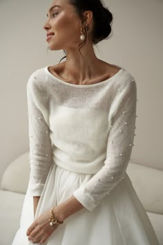 Cold Weather Rehearsal Dinner Outfit, Winter Vow Renewal Dress, Court House Wedding Outfit Winter, Rehearsal Dinner Dress For Bride Winter, Wedding Dress With Sweater, Dress With Jacket Outfit Wedding, Casual Bridal Outfit, Wedding Coats For Brides, Wedding Jumper