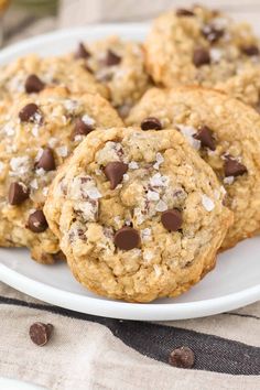 chocolate chip cookies on a white surface