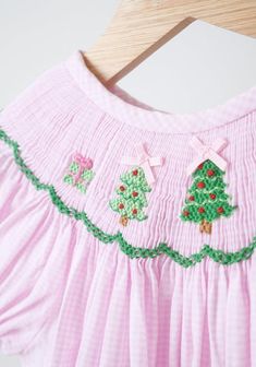 Girls Pink Hand Smocked Christmas Tree Playsuit Bubble - Etsy Christmas Tree Applique, Pink Christmas Trees, Smocked Romper, Hand Smock, Pink Christmas Tree, Christmas Tree Design, Holiday Wardrobe, Pink Gingham, Girls Clothing Sets