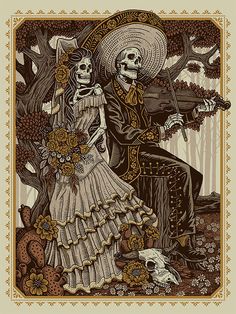 a skeleton couple sitting next to each other in front of a tree with skulls on it