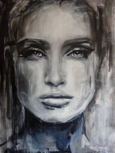 a painting of a woman's face with black and white paint on the wall