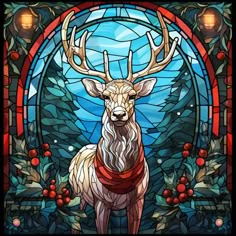 a stained glass window with a deer standing in front of it