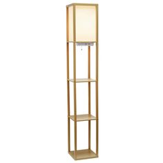 a tall wooden shelf with a light on it's top and two shelves below