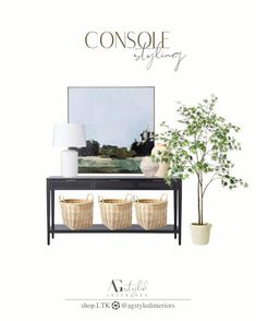 an advertisement for a living room with plants and baskets on the shelf, next to a potted plant