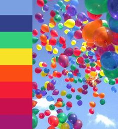 many balloons are flying in the sky with color swatches to match it's theme