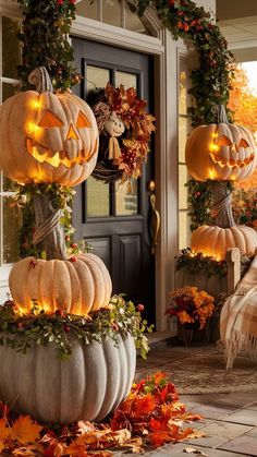 pumpkins are lit up on the porch for halloween