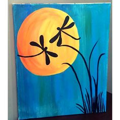 an acrylic painting of two dragonflies flying in front of a full moon