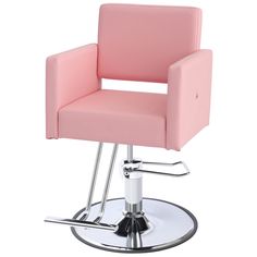 a pink chair sitting on top of a metal base