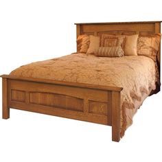 a wooden bed frame with pillows and blankets on it's headboard, against a white background