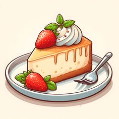 a piece of cheesecake with whipped cream and strawberries on a plate next to a fork