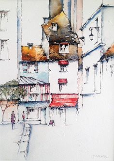 watercolor painting of buildings with people walking on the sidewalk in front of one another