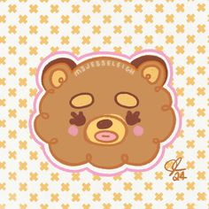 a brown teddy bear with eyes closed on a white and yellow background that has crosses