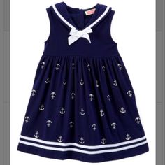 New - Sailor-Themed Dress - 100% Cotton - Navy & White Blue Sailor Cotton Dress, Sailor Style Blue Cotton Dress, Blue Cotton Sailor Dress, Blue Sailor Style Cotton Dress, Cute Navy Dress For Dress-up Occasions, White Sleeveless School Dress, White Sailor Dresses For Spring, White Sailor Style Dress For Spring, White Sailor Cotton Dress