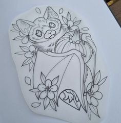 a drawing of a cat with flowers on it