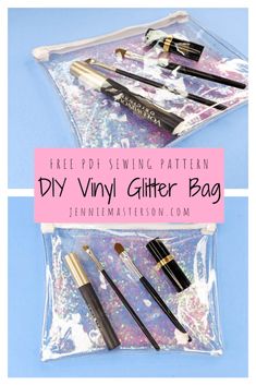 the diy vinyl glitter bag is filled with makeup brushes and other things to use