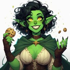 a woman dressed in green and holding cookies