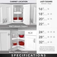 the measurements for kitchen cabinets are shown in two different sizes and colors, including white