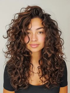 Long Length Curly Hairstyles, Haircuts For Medium Curly Hair Layered, Dark Curly Hair With Bangs, Shag Hairstyles Curly Hair, Natural Wavy Haircut Layered Hairstyles, Curly Hair 2024, Wave Perm Long Hair, Curly Haircut Styles, Long Curly Hair Layers