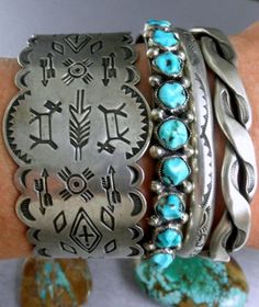 great stacked sterling & turquoise Southwestern cuff bracelets. Native American Turquoise Jewelry, Turquoise Bracelets, Jewelry Tips, Cowgirl Jewelry, Navajo Jewelry