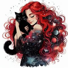 a woman with red hair holding a black cat in her arms, surrounded by stars and planets