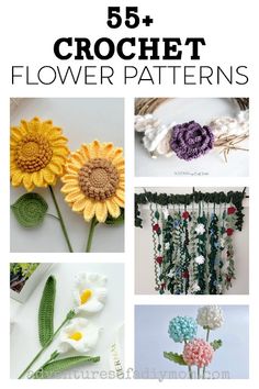 crochet flower patterns with text overlay that reads, 55 crochet flower patterns