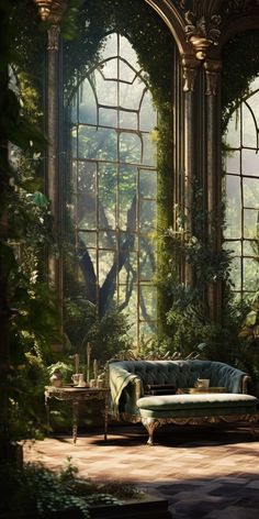 a couch sitting in front of a large window filled with green plants and greenery