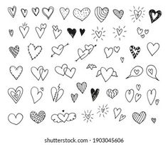 hand drawn hearts with different shapes and sizes on white background, for valentine's day