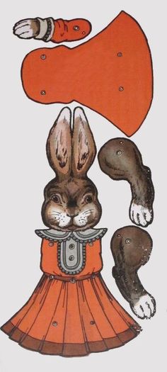 a drawing of a rabbit in an orange dress with three other rabbits around it's neck